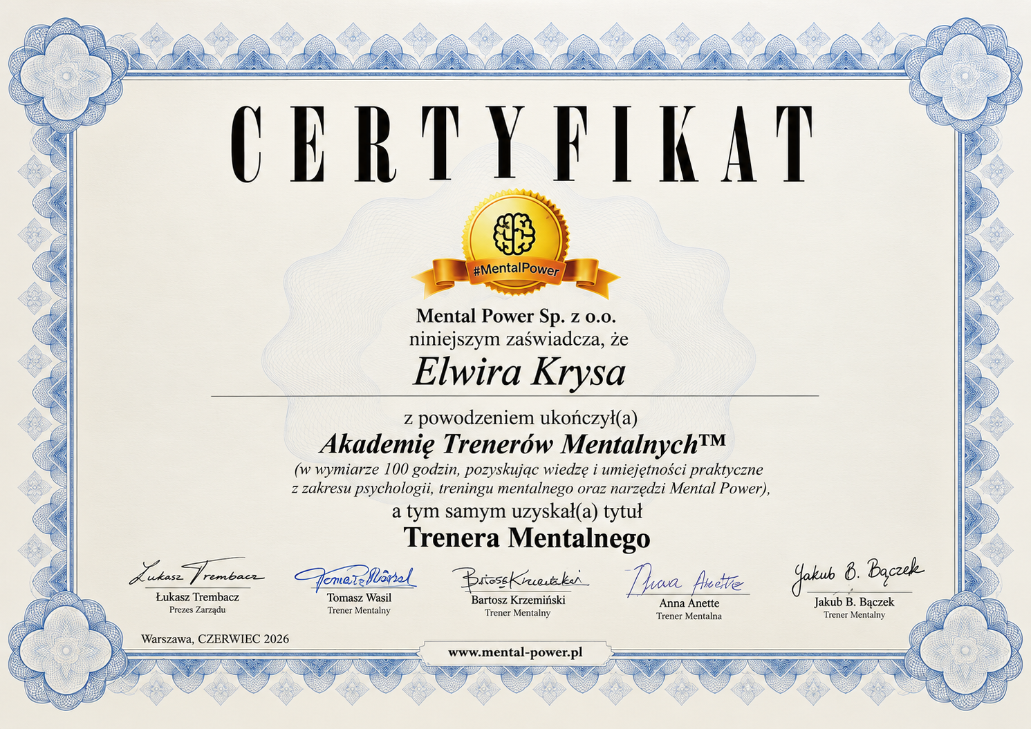 Certyfikat Elwiry Krysy