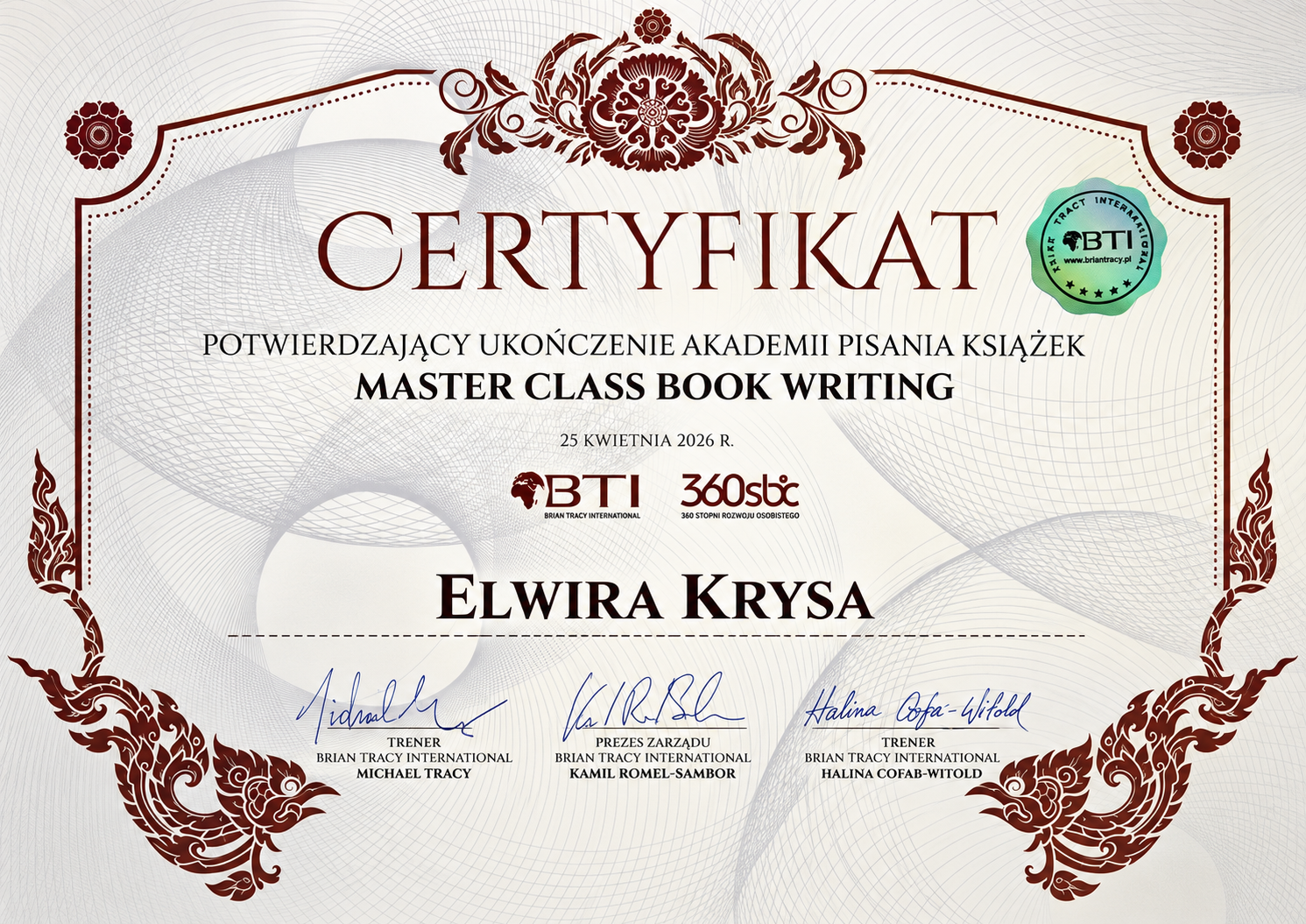 Certyfikat Elwiry Krysy