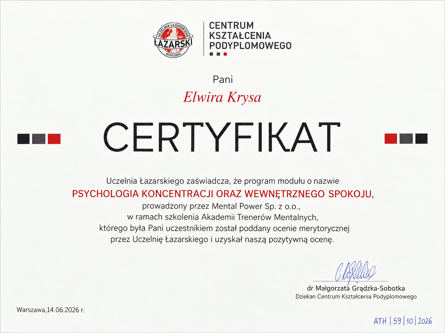 Certyfikat Elwiry Krysy