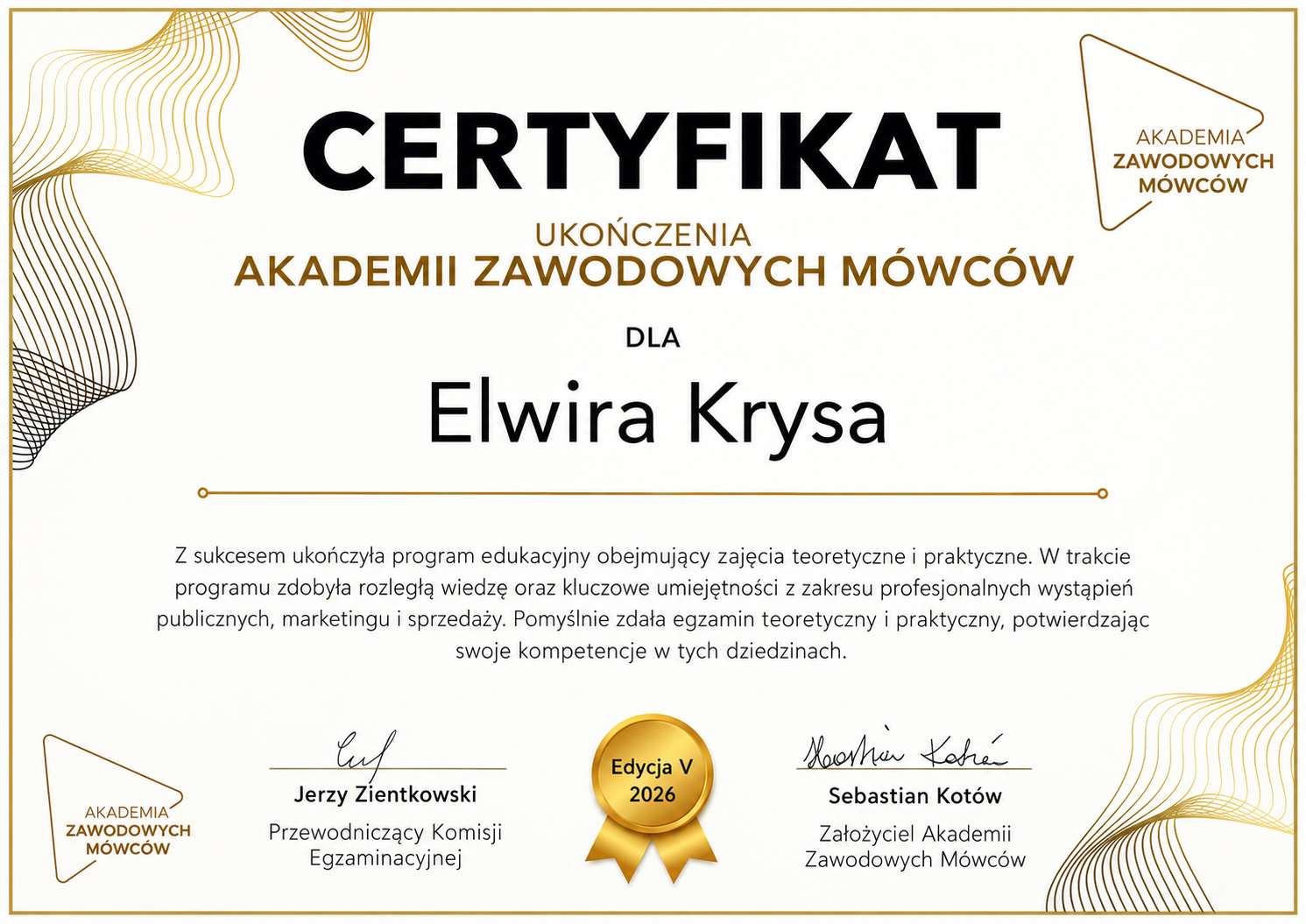 Certyfikat Elwiry Krysy