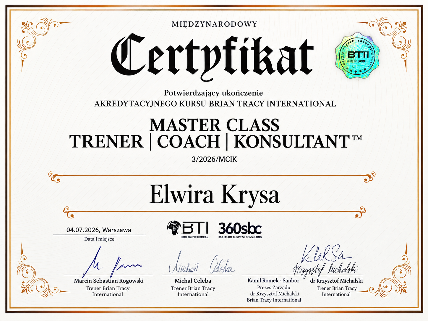 Certyfikat Elwiry Krysy