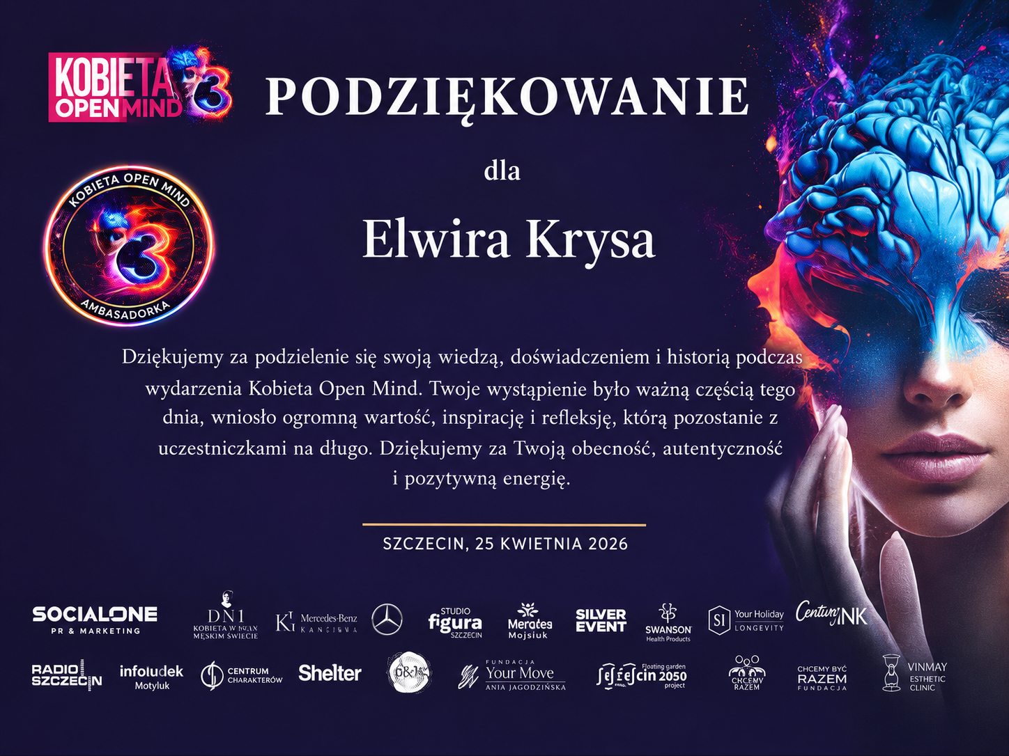 Podziękowanie Kobieta Open Mind
