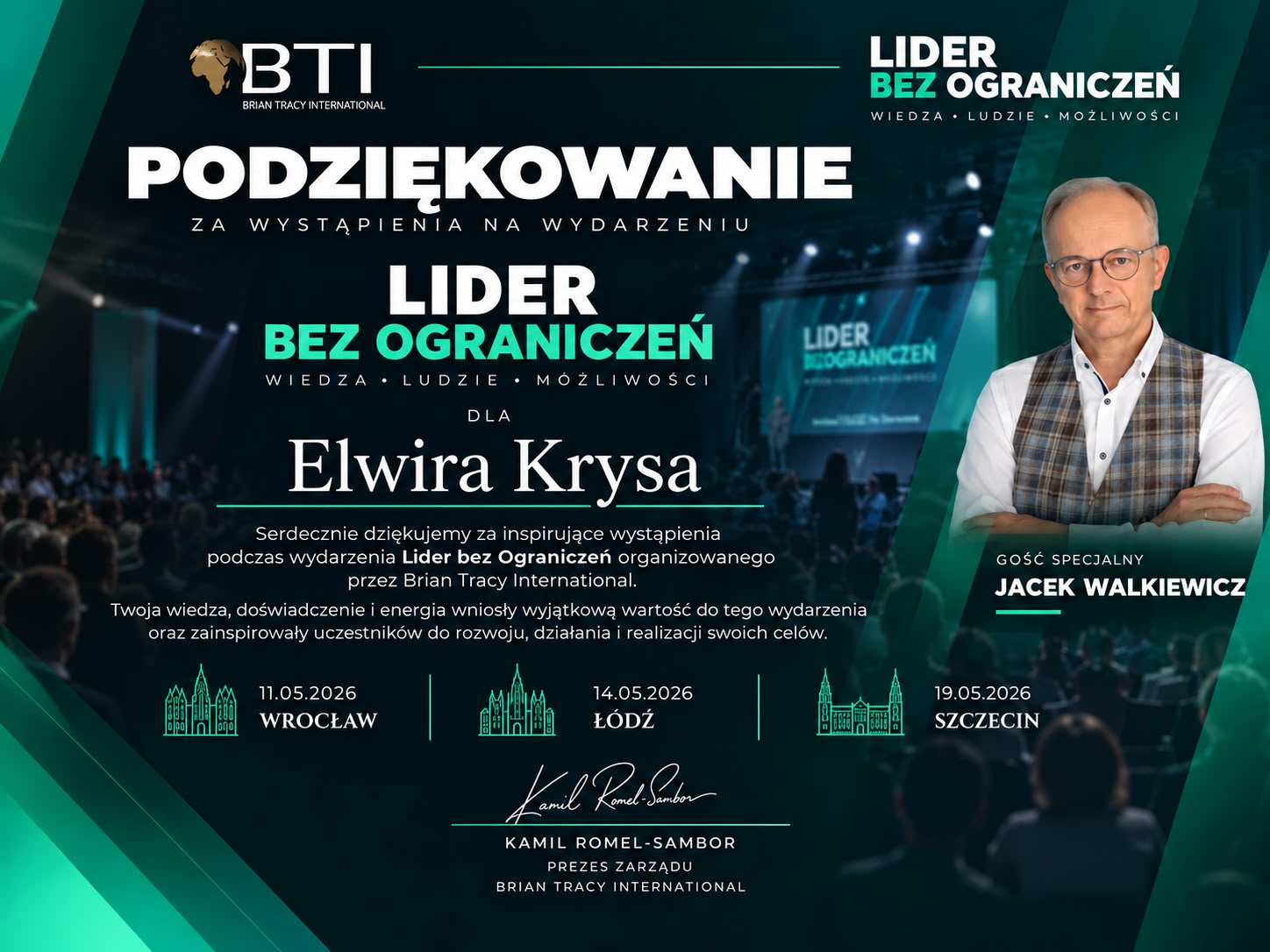 Podziękowanie Brian Tracy International – Lider bez Ograniczeń